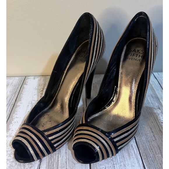 Saks Fifth Avenue Gold, Black, & Silver Peep Toe Heels‎ Size 6 - Picture 2 of 9